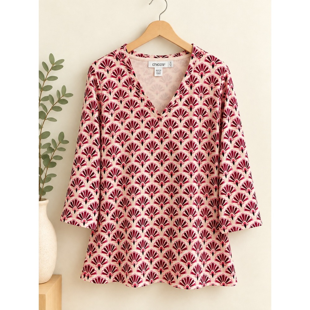 Chico's Pink Fan Print V-Neck Tunic Top Size 3 XL 3/4 Sleeve Stretch